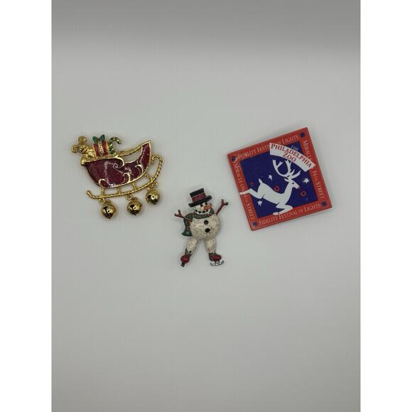 VTG 90s Christmas Pin Lot of 3 Holidays Snowman Santa’s Sleigh Reindeer - Picture 1 of 7